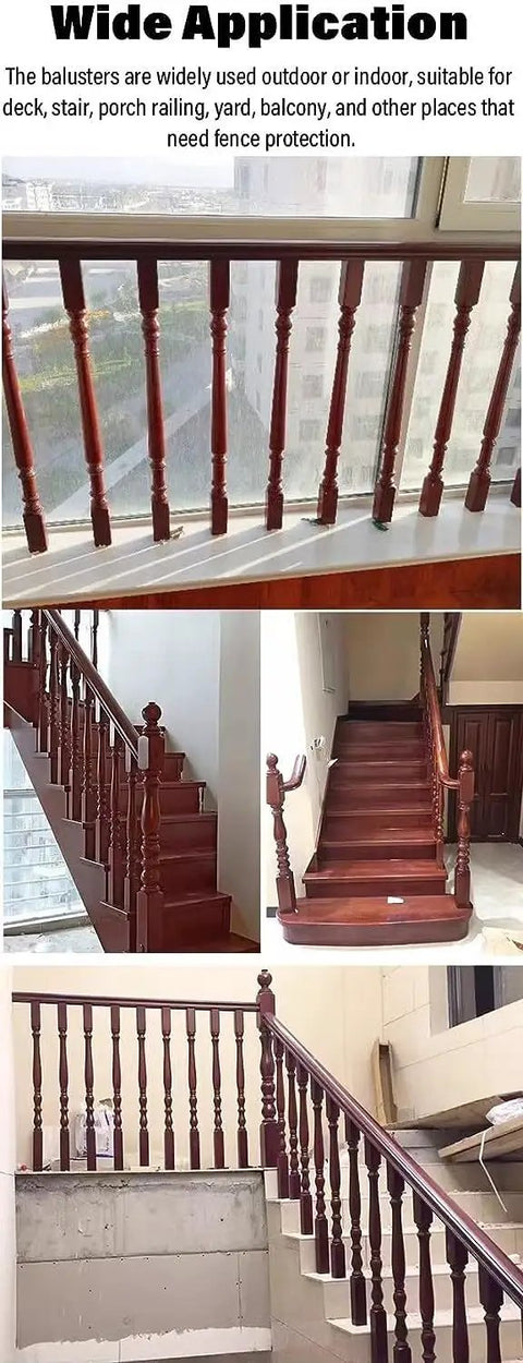 Clean Lines Super Solid Wooden Stair Spindles And Porch Balusters For Deck Railing Systems No Fuss Install Heavy Duty Baluster Posts To Level Up Your Space Indoor Outdoor 45 Pack, shown on stair railing and balcony.