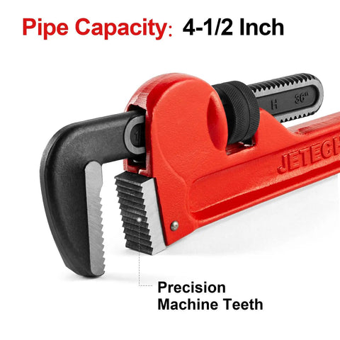 36 Inch Heavy Duty Pipe Wrench With Adjustable Aluminum Body And Floating Hook Jaw Rust Resistant Red I Beam Handle Rugged Grip For Industrial Plumbing And Tough Pipe Jobs close-up on teeth and jaw
