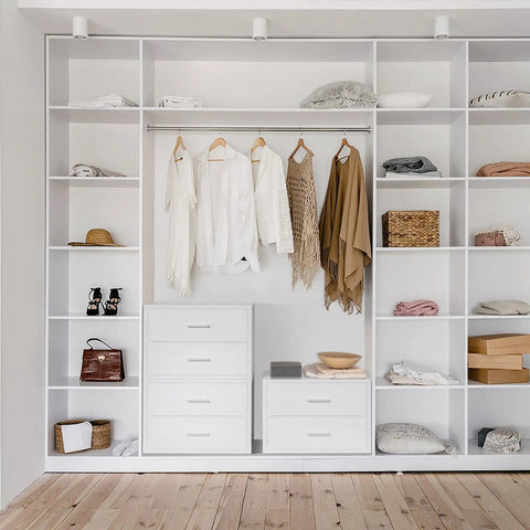 Stackable Fabric Storage Drawers 2 Pack White Closet Organizer in modern bedroom setup with hanging clothes and accessories.