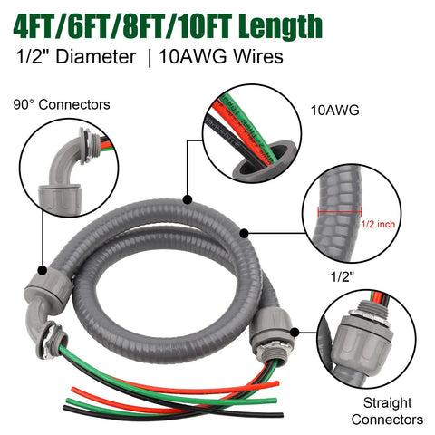 Six Foot Liquid Tight Conduit Kit Pro Grade With One Half Inch Prewired Electrical Whip And Three 10 AWG THHN Copper Wires