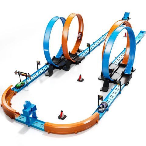 Epic Kids Race Track Gift Set With 35 Plus Pieces Four High Speed Die Cast Cars Four Action Loops And Endless Configurations For Boys Aged 3 To 12 Ideal For Solo Play Or Family Race Nights featuring two loop tracks and cars.