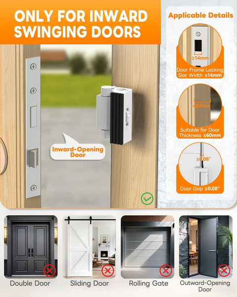 Heavy Duty Portable Door Lock For Travel Security Includes Adjustable No Drill Latch Stopper For Hotels And Airbnbs showing installation on an inward-swinging door.
