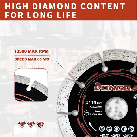 Four Point Five Inch Segmented Diamond Saw Blades Two Pack Angle Grinder Discs with high diamond content for durability.