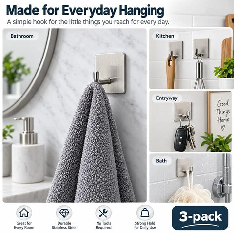 Badass Heavy Duty Adhesive Hooks, 3 Pack Rust Proof Steel Wall Grips With Peel And Stick Setup, Zero Hassle Install For Bathrooms Kitchens Closets And Offices, towel hanging in bathroom.