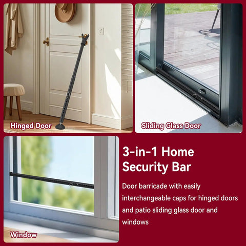 Heavy Duty Door Security Bar Adjustable Interior Reinforced Door Jammer With Steel Lock Pin For Sliding Glass Doors propped between hinged door and wall.