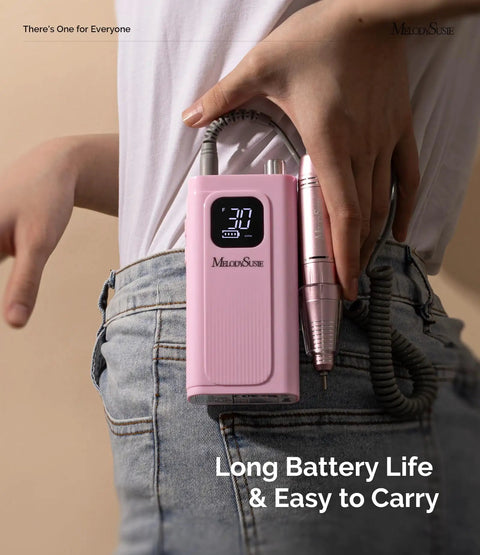 Clip On Rechargeable Nail Drill For Beginners On The Go, 30K RPM E File With LCD, Perfect For Nail Shaping, Pink shown clipped to jeans