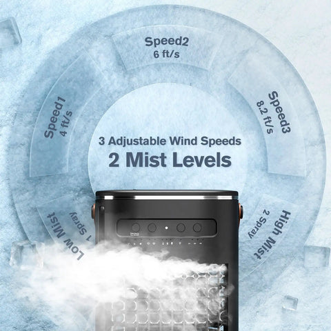Front view of 5 In 1 Portable Air Conditioner And Evaporative Cooler showing wind speeds and mist levels with 3 speed options.