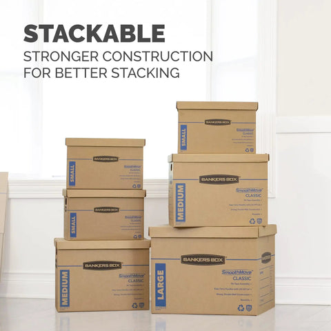 Ten Pack Of Medium Moving Boxes Built Tough With Reinforced Handles No Tape Assembly Required Easy To Pack And Stack Comes With Labeling Spots And Lift Off Lids For Quick Access Perfect For Any Big Move, stacked for efficient storage.