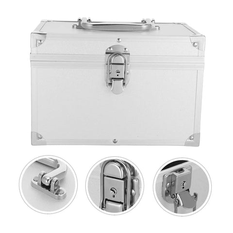 Front view of heavy duty aluminum storage box with double layer and lockable latch details, great for valuables and documents.
