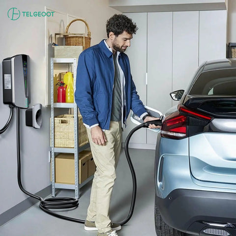 Man charging car with Level 2 EV Charger 48 Amp For Indoor And Outdoor Use With SAE J1772 Connector NEMA 14 50 Plug 25Ft Cable