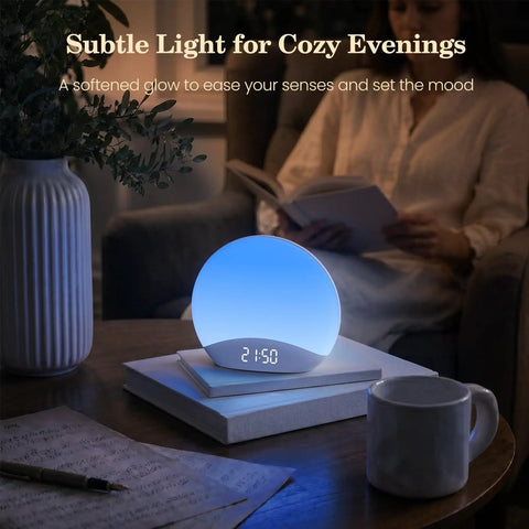 Rock Solid Sound Machine Paired With Sunrise Alarm Clock And Soothing Night Light For Chill Bedroom Upgrades Deep Sleep Cycles And Smooth Morning Wake Ups, softly glowing on bedside table.