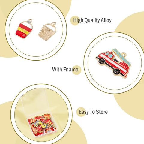 Firefighter Enamel Charms Set 30 Pieces In 15 Styles for DIY jewelry with fire truck and extinguisher charms in vibrant colors.