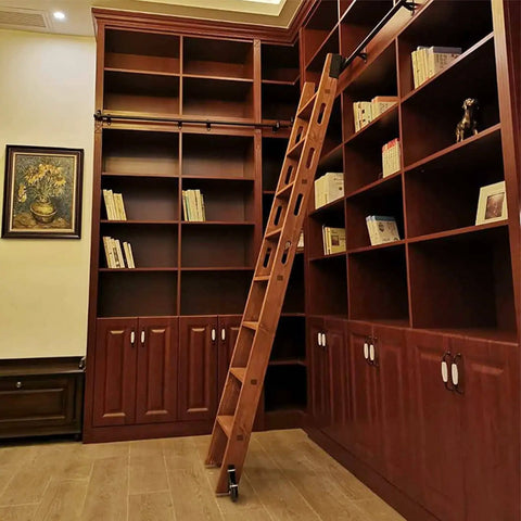Wooden ladder with Sliding Ladder Hardware Kit For Steel Rolling Ladders With Track And Floor Roller Wheels, Fits 3.3ft To 20ft Systems, rustproof durable track kit installed in a library.