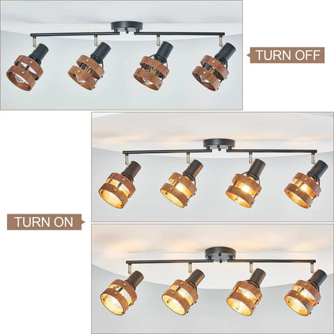 Four Head Black Track Lighting With E26 Sockets Adjustable Spotlight Heads And Wood Accent Dope Farmhouse Vibe Modern Ceiling Light For Living Room And Kitchen Flexible Directional Arms, shown in off and on position.