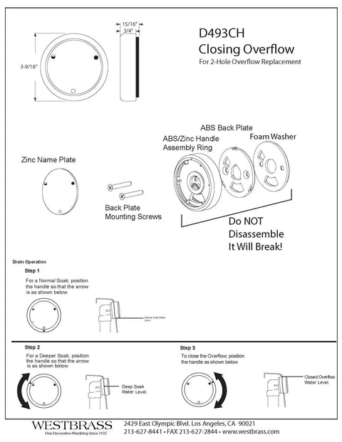 Diagram instructions for Patented Universal Two Hole Bathtub Overflow Cover With Deep Soak Round Design Polished Chrome.