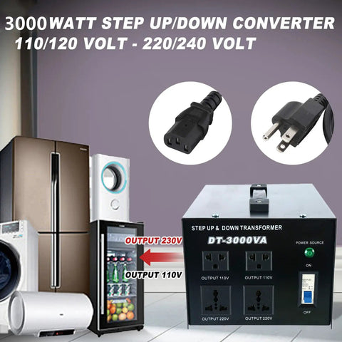 Rugged 3000VA Voltage Transformer Power Converter 110V To 220V AC Converter, front view with multiple AC outputs.