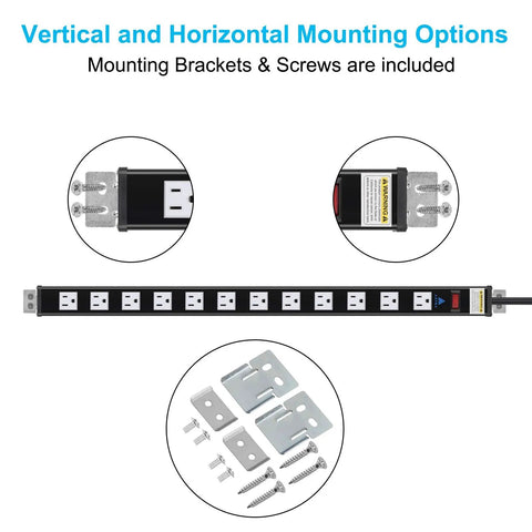 Heavy Duty 12-Outlet Surge Protector Power Strip With 9 Foot Cord 450 Joules 15 Amp Circuit Breaker For Home Office Garage Workshop And Industrial Environments ETL Listed with brackets and screws for mounting