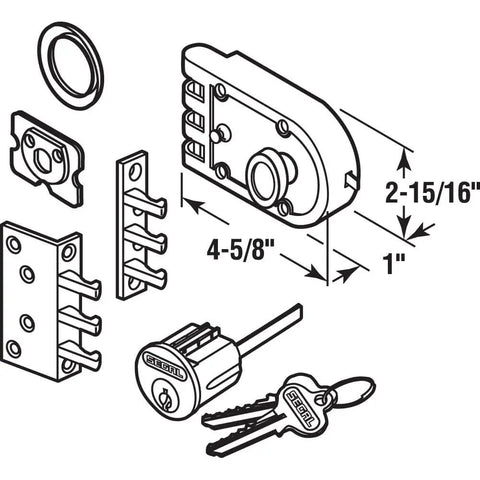 Illustration of Single Cylinder Brass Slam Lock Deadbolt With Flat And Angle Strikes For Surface Mount Jimmy Proof Security.