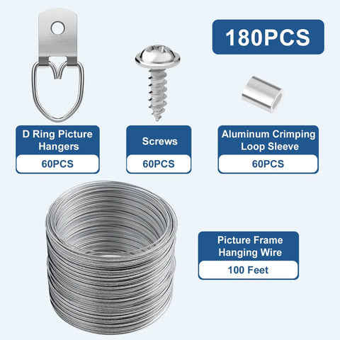 All In One Picture Hanging Kit 181 Piece Heavy Duty Set With 100 Ft Braided Wire 60 D Ring Hangers With Screws 60 Aluminum Crimp Sleeves Built To Last For Frames Mirrors Canvas Artwork And Home Decor components