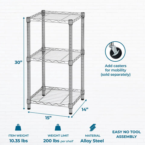 Rock Solid 3 Tier Stackable Chrome Wire Shelving Rack Carrying 200 Lb Per Shelf with three adjustable shelves and alloy steel design.