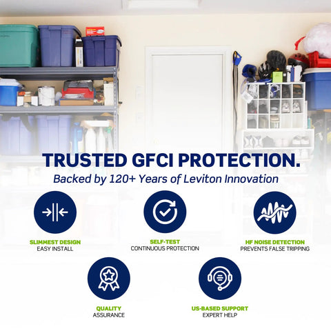 Image showing Garages with shelves highlighting features of Solid Build 20 Amp Self Test Gfci Outlet With Clear Led Status Light Auto Ground Fault Protection.
