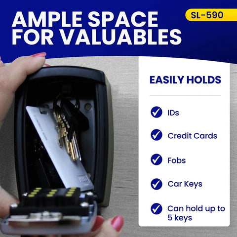 Push Button Key Storage Wall Mount Lock Box With Easy To Use Phone Style Keypad open showing keys and cards inside