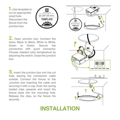 Installation guide for 3 Inch LED Recessed Light Kit Ultra Thin Dimmable Ceiling Lights with J Box showing wire connections.