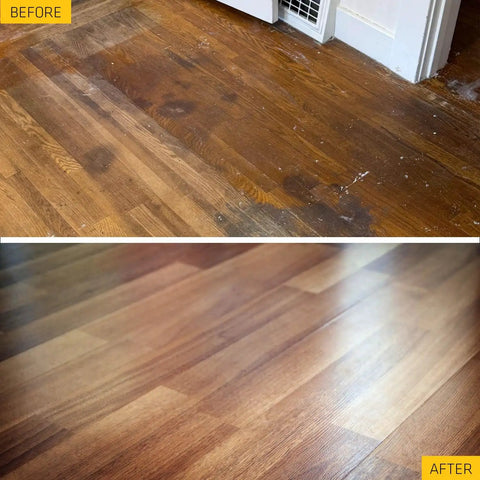 Before and after using Engineered Wood Floor Repair Kit 32 Oz For Squeaks And Pops, Fast Acting Adhesive Fills Gaps And Bonds Subfloor To Floor