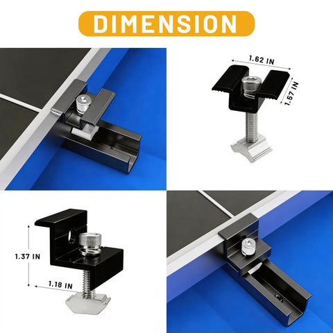 Close-up of Beefy 4 Panel Side By Side Roof Mount Kit featuring heavy-duty aluminum clamps and rails with dimensions.