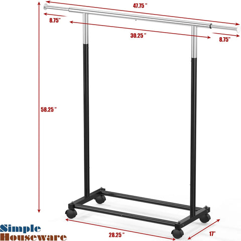 Heavy Duty Steel Clothing Rack With Extensible Top Rod And Chrome Accents In Slick Black Paint Built Solid For Dorm Life And Cramped Closets Easy Setup Rack to Hang All Your Threads Stress Free, dimensions 30.25" wide x 58" tall.