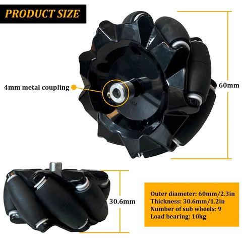 Front view: 60mm black mecanum wheel with 9 rollers and metal 4mm coupling hub for omnidirectional robot drive
