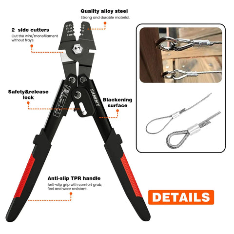 Heavy Duty Wire Rope Crimping Tool Kit for 3/64, 1/16 and 5/64 inch aluminum loop sleeves with handles and wire close-up