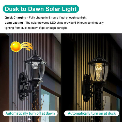 Solar Powered Wall Lamp With Light Sensor Auto On At Night Waterproof Outdoor LED Hexagonal Sconce illuminating at dusk and dawn on porch.