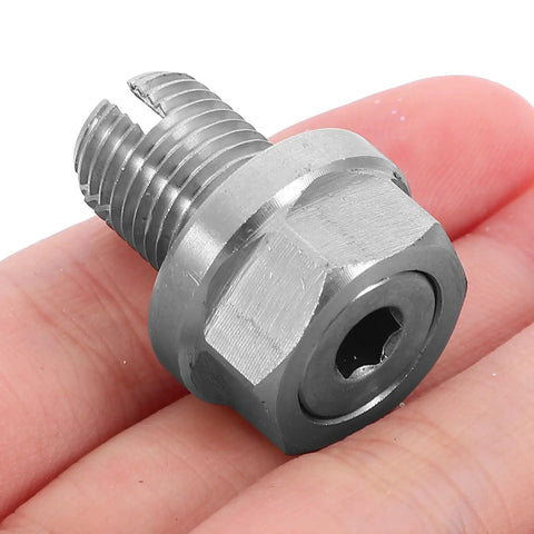 Premium Stainless Steel Self-Tapping Oil Drain Plug Kit Replaces Stripped Threads With Sealing Ring For Quick And Easy Car Engine Repair Job In The Garage, threaded plug in hand