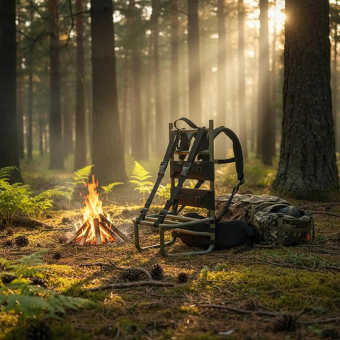 Lightweight Aluminum Backpack Frame for Hiking and Mountaineering near campfire in forest with camouflage backing