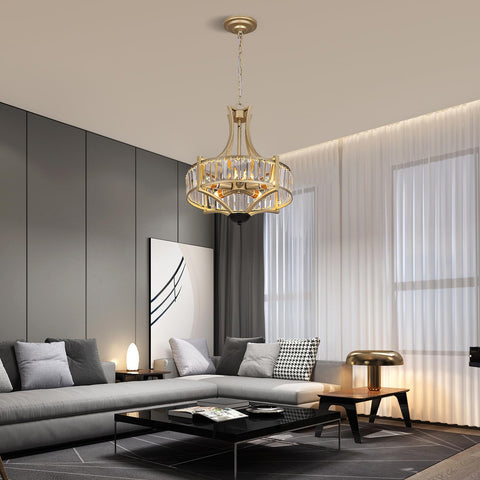 Living room with gold crystal chandelier, modern decor, sofa and coffee table, Three Ring Crystal Chandelier With LED Ceiling Light.