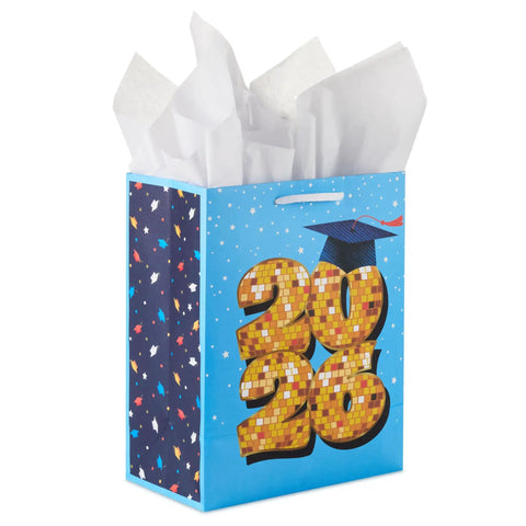 Medium Year Dated Graduation Gift Bag With Tissue Paper Blue Gift Bag Featuring Class of 2026 With Gold Disco Ball And Stars 9 Inch Size