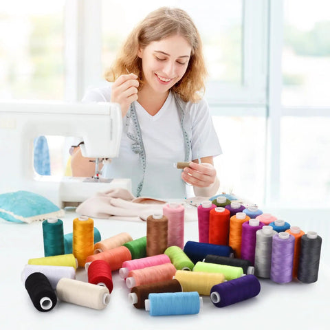Real Deal Polyester Sewing Thread Kit With 36 Vibrant Shades And Prewound Bobbins Built For Machine Quilting Embroidery And Craft Hustles Straight Up Designed To Outlast Your Daily Stitching Sessions, colorful spools arranged on table.