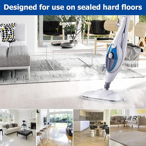 Steam mop on living room carpet with banner text 'Designed for use on sealed hard floors' showcasing versatility in use