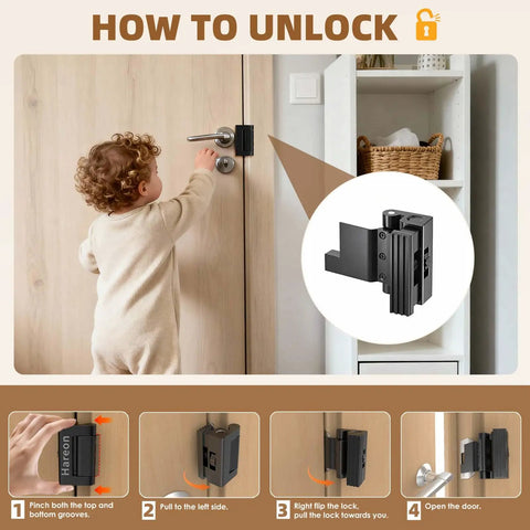 Child demonstrating how to unlock Tough As Nails Portable Door Lock And Reinforcement Lock For Travel With Zero Drill Setup.