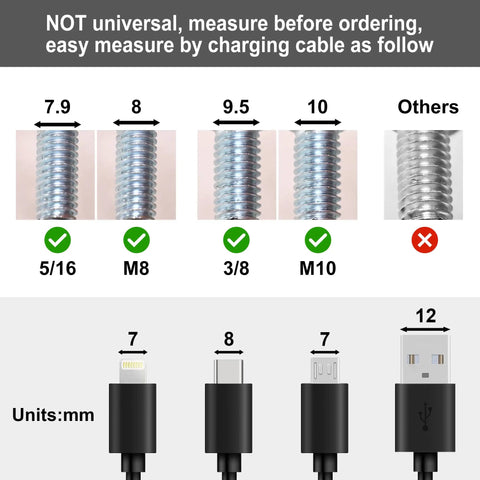 Thread sizes for 12 Inch Bed Leg Replacement Set For Adjustable Bed Frames With Felt Bottoms M8 M10 5/16 3/8 with cable size guide.