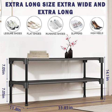Solid Two Tier Shoe Rack For Entryway And Garage, Roomy Stackable Footwear Organizer With Rust Proof Steel Frame shown in black design.