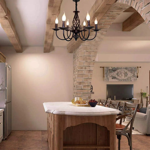 French Country Chandelier For Kitchen And Dining Room Vintage Candle Style Six Light Farmhouse Pendant Light In Matte Black