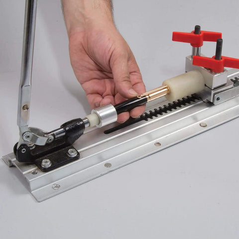 Close-up of Pen Press XL for Assembly and Disassembly, showing adjustable sled and handle in a DIY pen making setup.