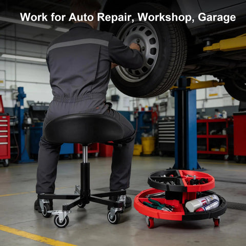 Mechanic using Rolling Mechanic Garage Stool With Modular Removable Tool Tray Pneumatic Height Adjustable Shop Chair For Auto Repair