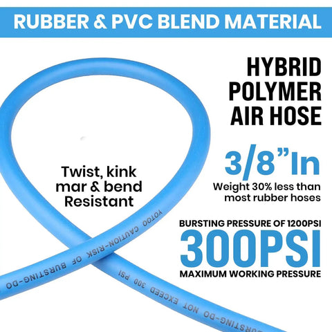 3/8 Inch Air Hose 50 Foot Pro Grade Heavy Duty Hybrid Compressor Hose With Flexible Lightweight Build, All Weather Blue