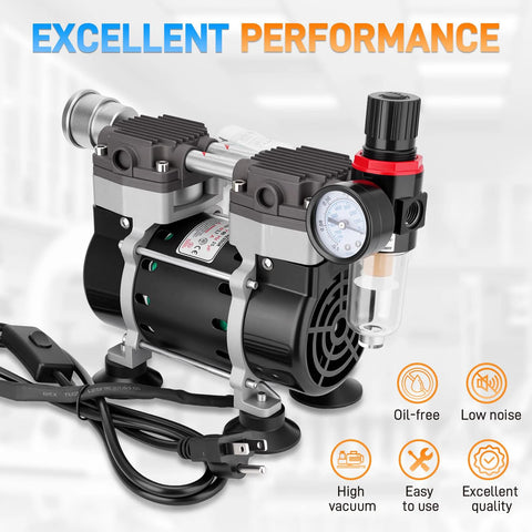 Angled side view of oil-free lab vacuum pump with two ports, pressure gauge, oil–water separator, silencer, and rubber feet.