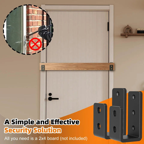 4 Pack Premium Extra Thick Beefy Door Barricade Brackets Black Hella Secure U Shaped Security Bars For 2x4 Lumber Reinforce Entryway Badass Home Protection Steel installed on a door with visible security solution.