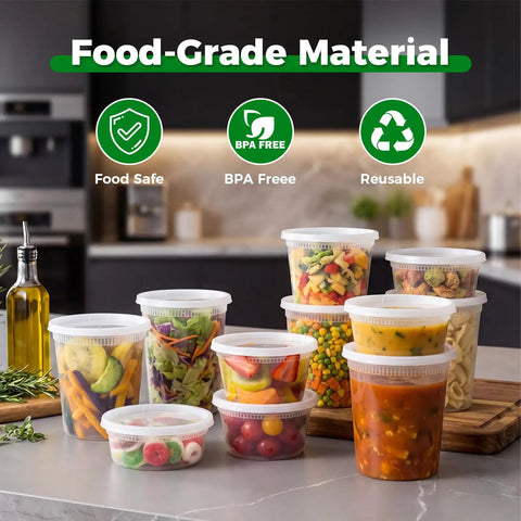 Hella Durable Leakproof Deli Containers With Secure Lids 48 Sets For Takeout Meal Prep And Leftovers Storage BPA Free Plastic Bowls with various foods