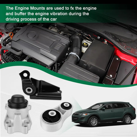 Heavy Duty Rock Solid Engine And Transmission Mount Direct Bolt On For Mazda Cx 9 3.5L 3.7L 2007 Through 2012 Smooth Ride Replacement Parts shown mounted in engine compartment with new mounts.